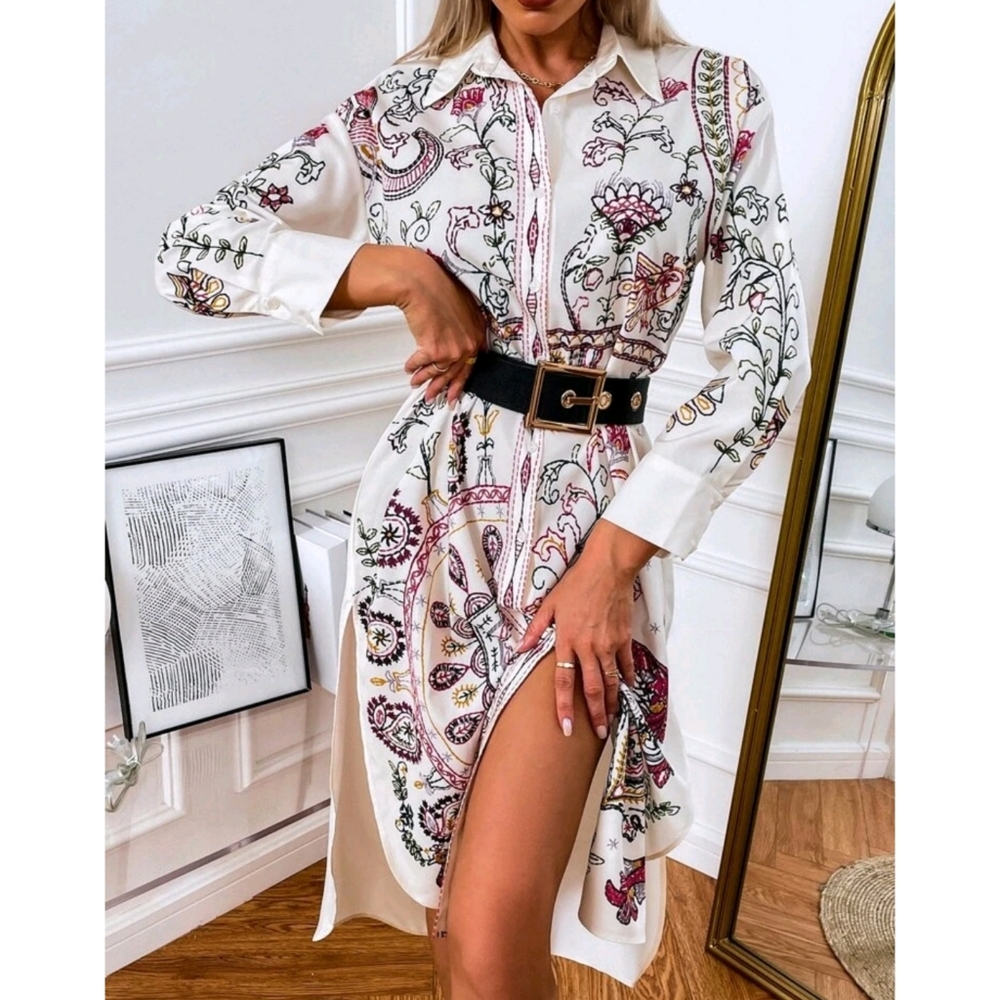 Boho Button Front Floral Print Split Hem Shirt Dr… - image 3